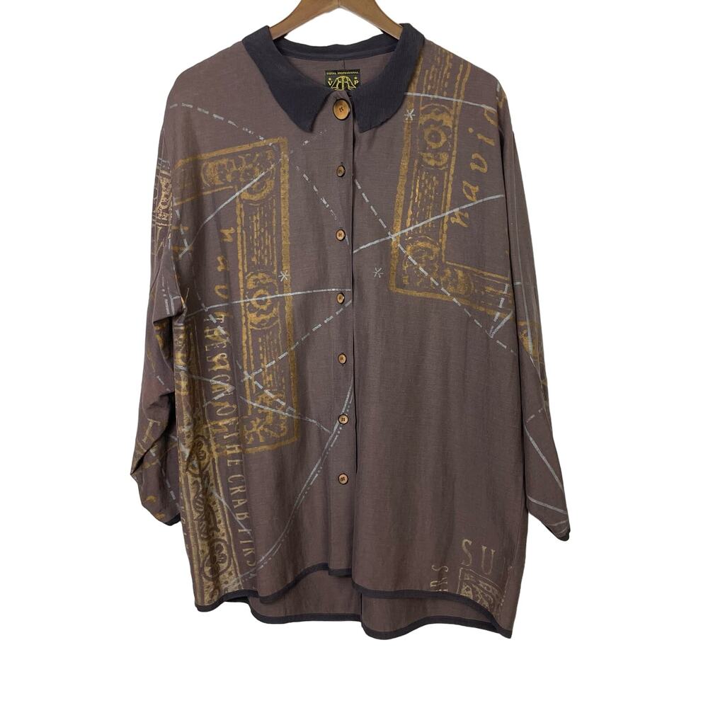 Visual Professional | Brown Silk Linen Blend Metallic Print Button Front Tunic